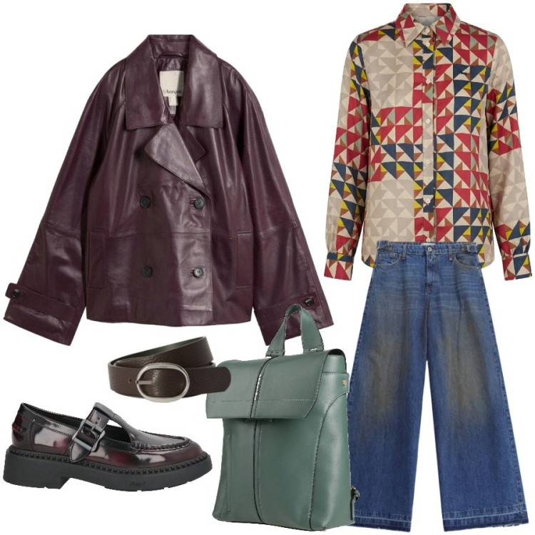 Outfit donna - Mannish anni \'70. Stile Mannish per Scuola/Università. Abbinamento con zaini, mocassini, caban, camicie, cinture, jeans.