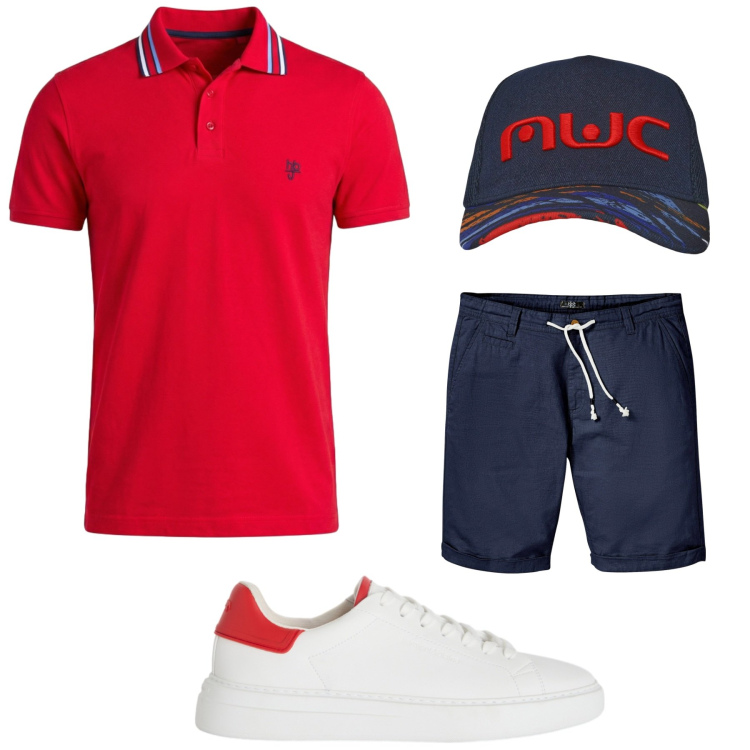 Outfit uomo - In barca. Stile Casual per Mare. Abbinamento con bermuda, sneakers, polo, cappelli con visiera.