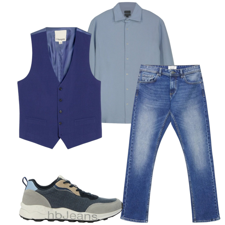 Outfit uomo - Glamour style. Stile Trendy per Serata speciale. Abbinamento con gilet, sneakers, jeans, polo.