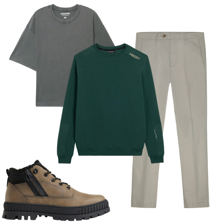 Outfit uomo - Total look #2462196. Stile Casual per Tutti i giorni. Abbinamento con pantaloni chino, felpe, t-shirt, stivali e stivaletti.