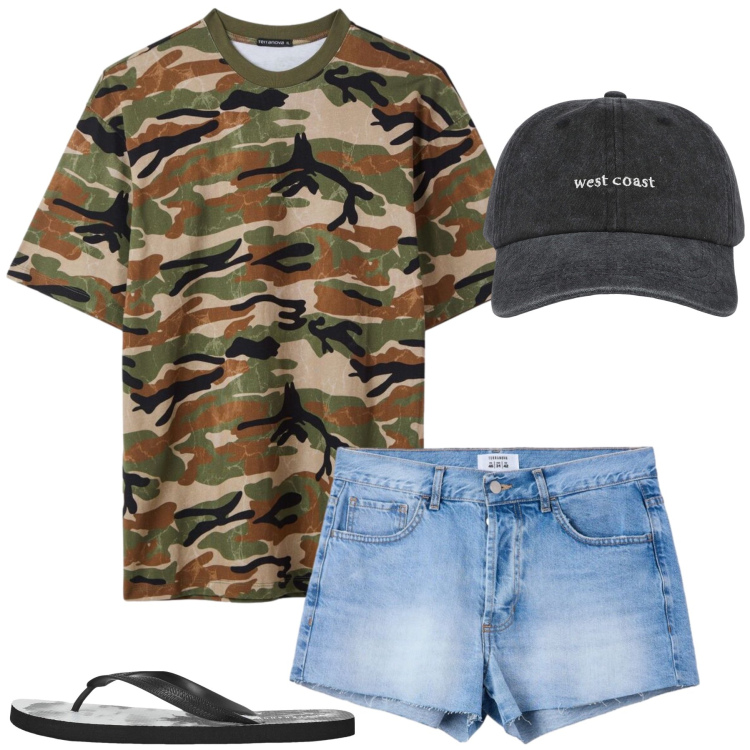 Outfit uomo - Total look #2462199. Stile Urban per Mare. Abbinamento con cappelli con visiera, sandali, t-shirt, shorts.