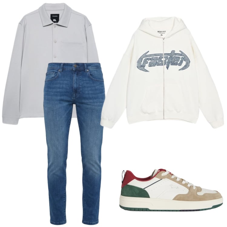 Outfit uomo - Total look #2462219. Stile Urban per Tutti i giorni. Abbinamento con sneakers, jeans slim fit, camicie, felpe con cappuccio.