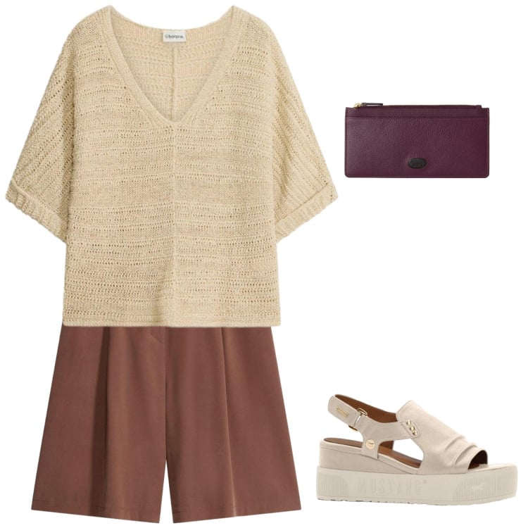 Outfit donna - Naturale in vacanza. Stile Casual per Mare. Abbinamento con t-shirt, bermuda, sandali, portafogli.