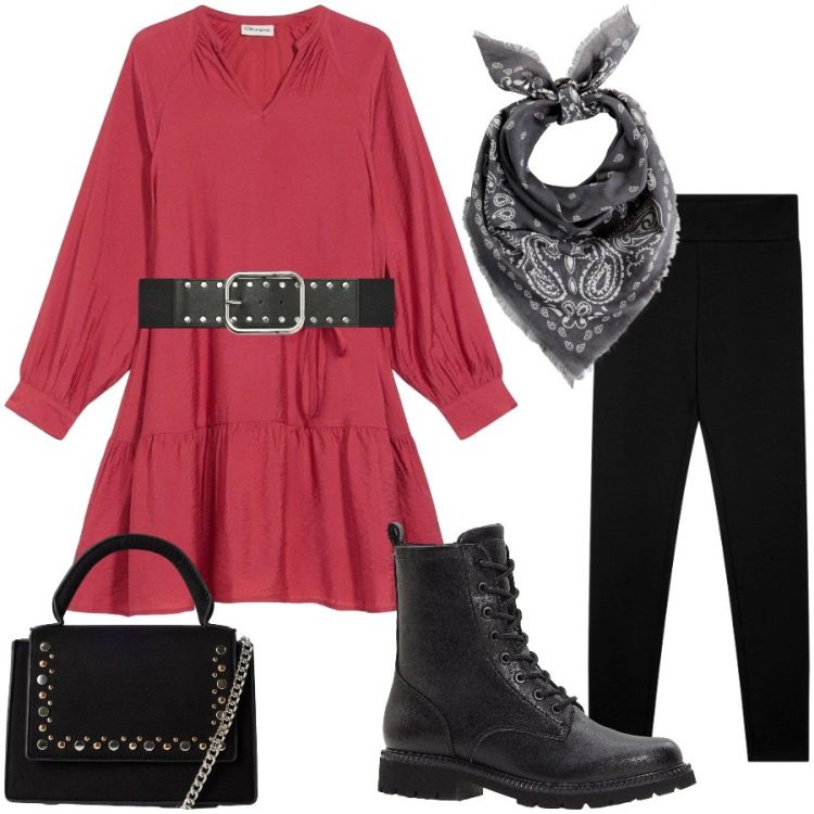 Outfit donna - L\'abito con i leggins per l\' autunno. Stile Trendy per Serata fuori. Abbinamento con vestiti, stivaletti, foulard, leggings, borse a tracolla, cinture.