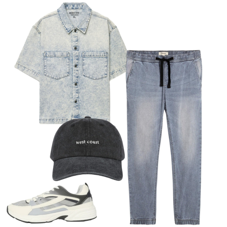 Outfit uomo - Total look #2462232. Stile Casual per Tutti i giorni. Abbinamento con jeans, cappelli con visiera, sneakers, camicie a manica corta.