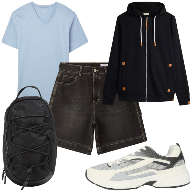 Outfit uomo - Total look #2462235. Stile Casual per Tutti i giorni. Abbinamento con felpe con cappuccio, t-shirt, bermuda, sneakers, borse sportive.