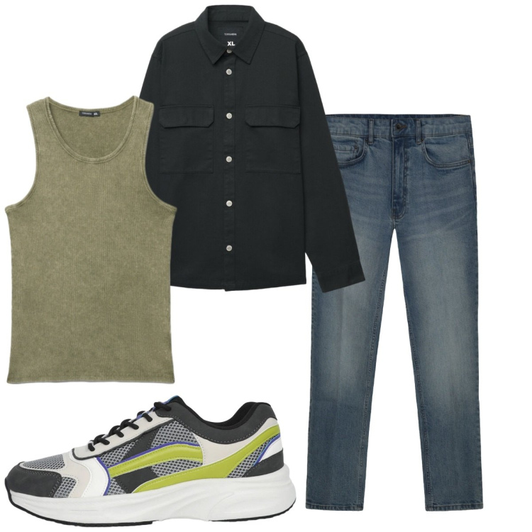 Outfit uomo - Total look #2462236. Stile Urban per Tutti i giorni. Abbinamento con sneakers, canottiere, cappotti, jeans.