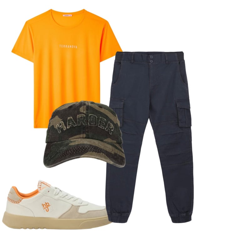 Outfit uomo - Total look #2462237. Stile Urban per Tutti i giorni. Abbinamento con sneakers, pantaloni cargo, cappelli con visiera, t-shirt.