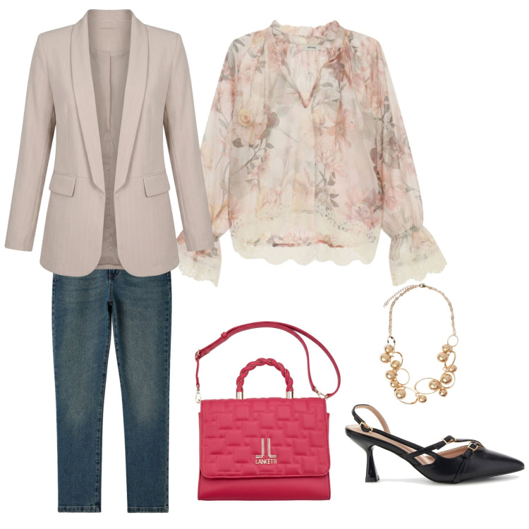 Outfit donna - Si torna in ufficio. Stile Casual chic per Ufficio. Abbinamento con bluse, jeans slim fit, collane, blazer, décolleté, borse a mano.