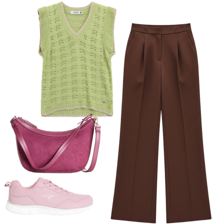 Outfit donna - Fragola e kaki. Stile Casual per Tutti i giorni. Abbinamento con borse a tracolla, sneakers, pantaloni a palazzo, top.