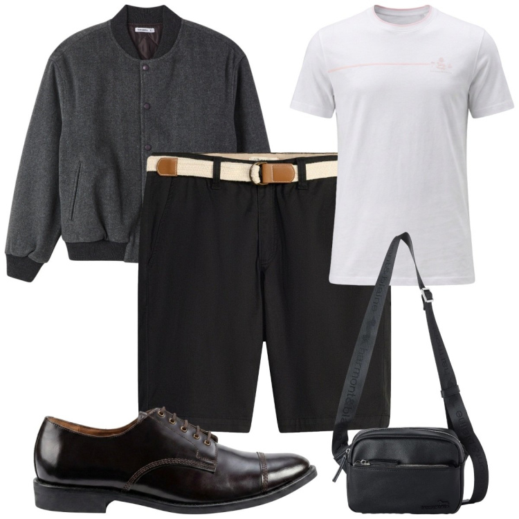 Outfit uomo - Total look #2462246. Stile Casual per Tutti i giorni. Abbinamento con bermuda, t-shirt, borse sportive, bomber, scarpe stringate.