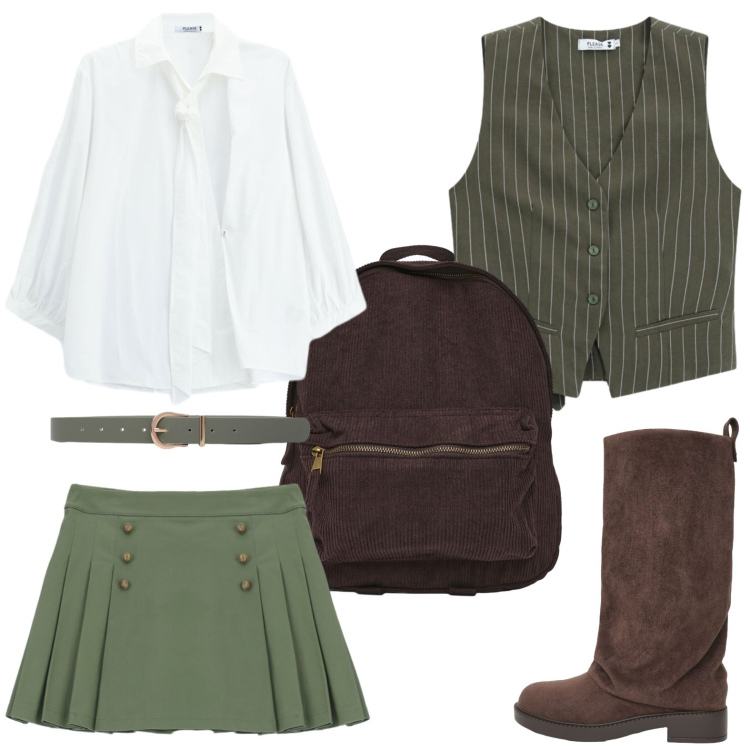 Outfit donna - Back to School. Stile Preppy per Scuola/Università. Abbinamento con stivali, zaini, cinture, gilet, minigonne, camicie.