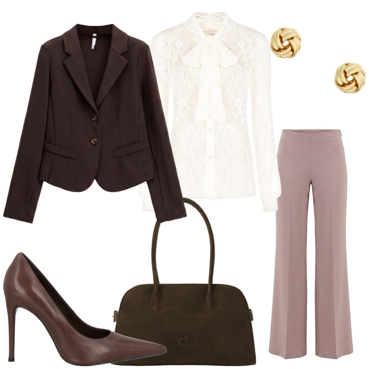 Outfit donna - Marrone freddo. Stile Glamour per Tutti i giorni. Abbinamento con décolleté, blazer, borse a spalla, pantaloni a palazzo, camicie, orecchini.
