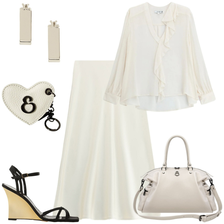 Outfit donna - Avorio a settembre. Stile Romantica per Tutti i giorni. Abbinamento con gonne longuette, sandali col tacco, bluse, shopping bag, portachiavi, orecchini.