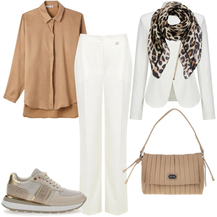 Outfit donna - Sporty chic. Stile Casual chic per Ufficio. Abbinamento con foulard, camicie, pantaloni a palazzo, blazer, sneakers, pochette.