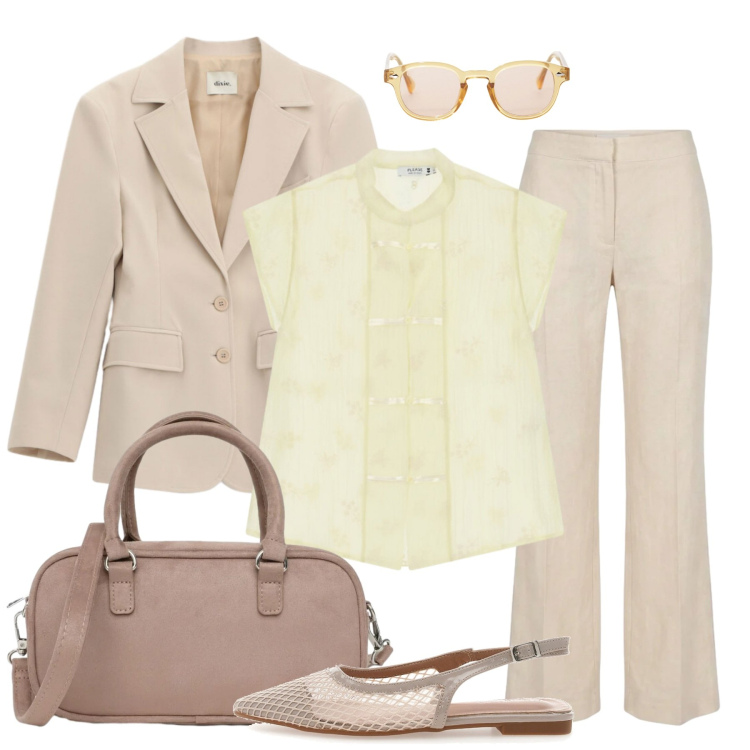 Outfit donna - Rigore e praticità. Stile Chic per Ufficio. Abbinamento con occhiali da sole, blazer, borse a tracolla, camicie a manica corta, pantaloni, ballerine.