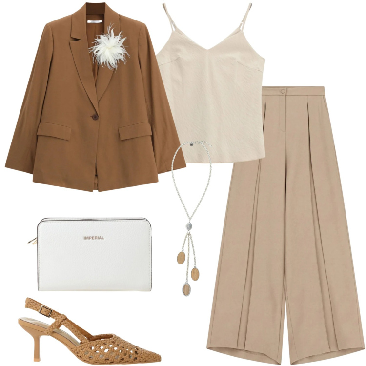 Outfit donna - Cerimonia a settembre. Stile Chic per Cerimonia. Abbinamento con pantaloni a palazzo, blazer, canottiere, borse a tracolla, décolleté, collane.