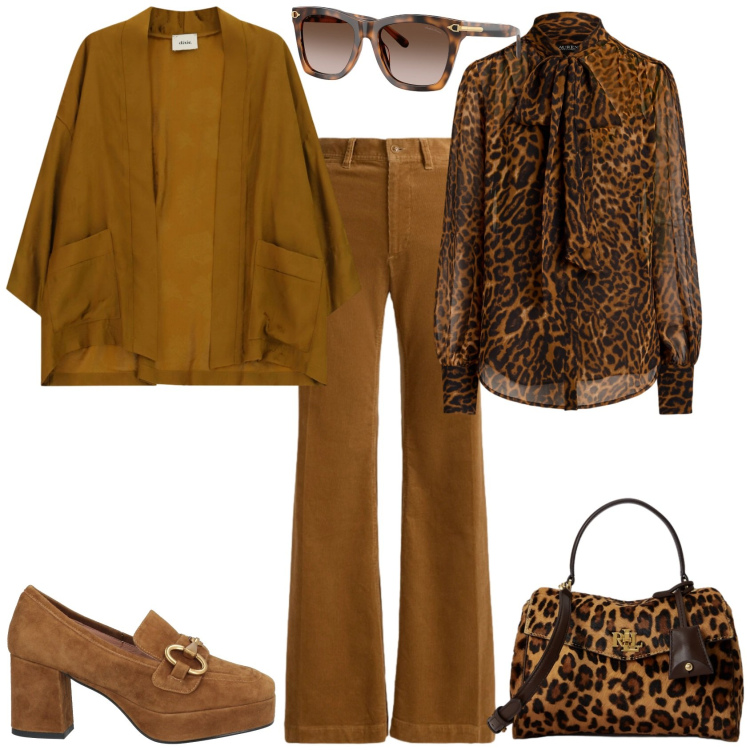 Outfit donna - Casual chic ufficio tempo libero. Stile Casual chic per Tutti i giorni. Abbinamento con mocassini, kimono, borse a mano, occhiali da sole, pantaloni, bluse.