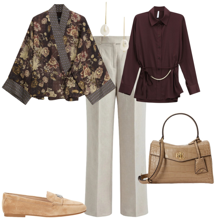 Outfit donna - Chic ufficio tempo libero. Stile Chic per Tutti i giorni. Abbinamento con pantaloni, camicie, kimono, mocassini, orecchini, borse a mano.