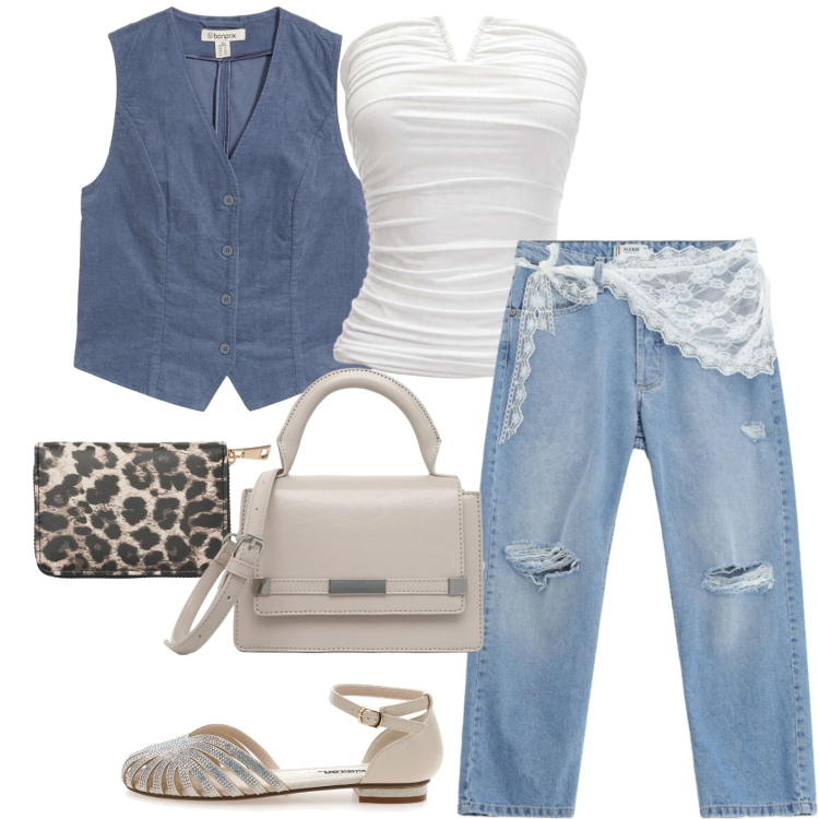Outfit donna - Il bustier bianco sexy. Stile Trendy per Tutti i giorni. Abbinamento con gilet, portafogli, borse a tracolla, top, jeans strappati, sandali.