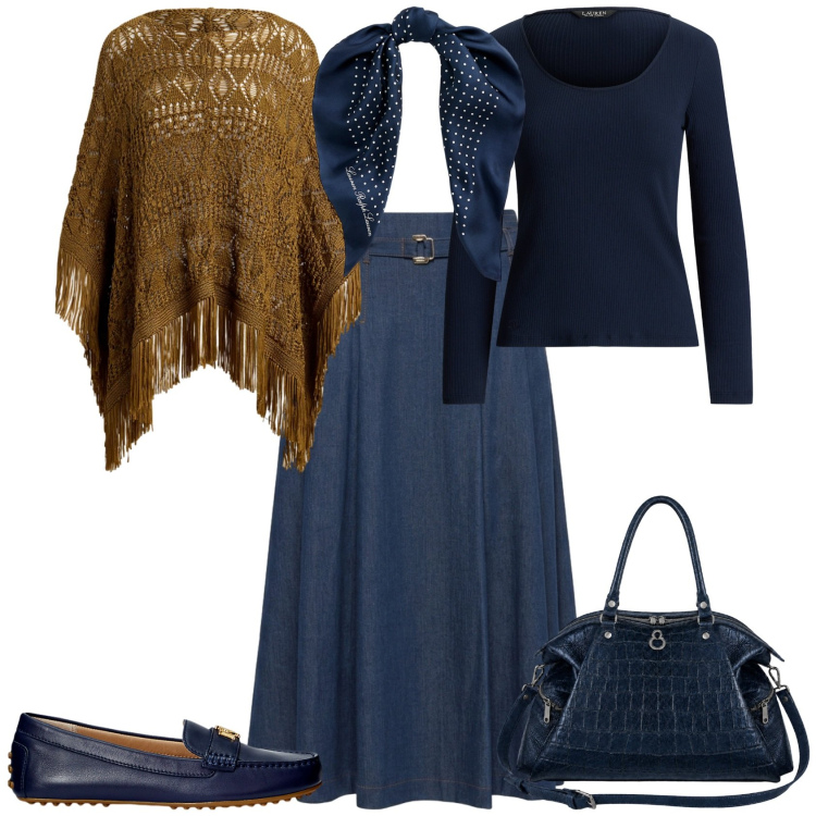 Outfit donna - Casual chic ufficio tempo libero. Stile Casual chic per Tutti i giorni. Abbinamento con gonne longuette, shopping bag, foulard, t-shirt, cappotti, mocassini.
