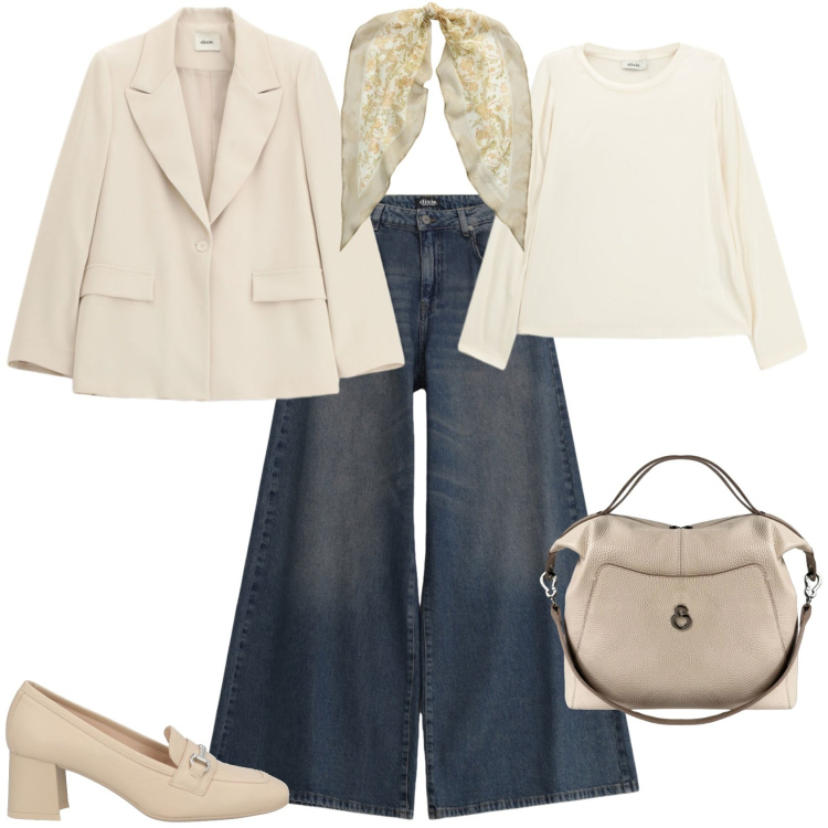 Outfit donna - Casual chic ufficio tempo libero. Stile Casual chic per Tutti i giorni. Abbinamento con mocassini, jeans, t-shirt, blazer, borse a mano, foulard.