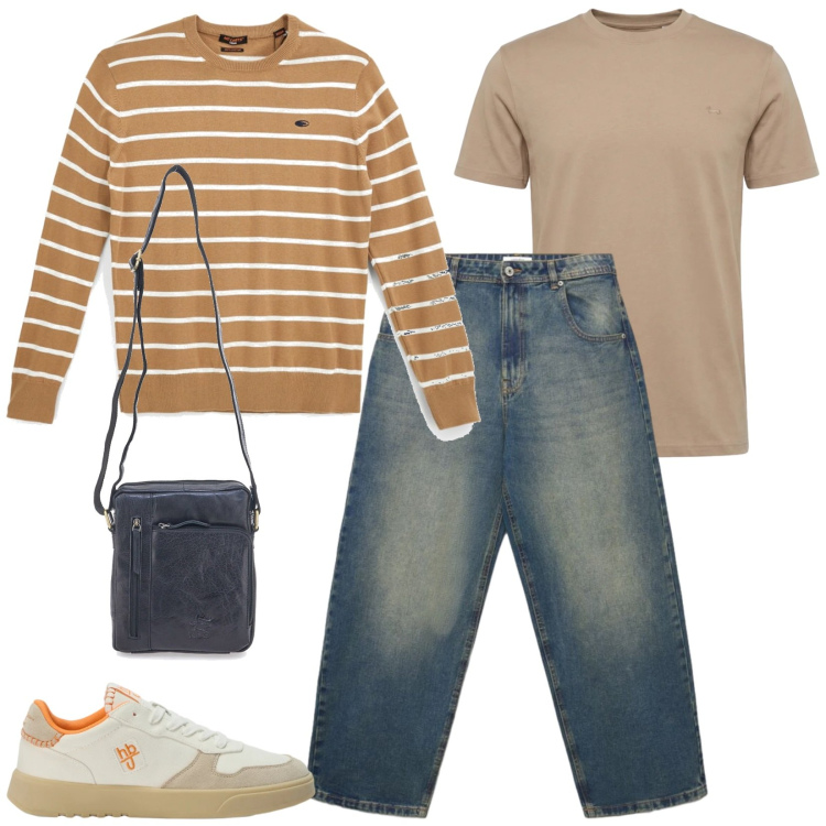Outfit uomo - Settembre. Stile Casual per Tutti i giorni. Abbinamento con t-shirt, sneakers, jeans, pullovers, borse sportive.