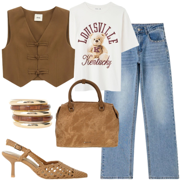 Outfit donna - Settembre. Stile Casual chic per Tutti i giorni. Abbinamento con jeans, t-shirt, décolleté, braccialetti, gilet, borse a tracolla.