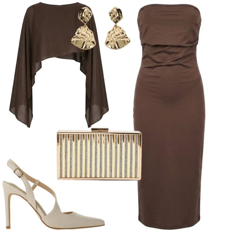 Outfit donna - Serata. Stile Chic per Serata fuori. Abbinamento con décolleté, orecchini, clutch, vestiti midi/longuette, top.