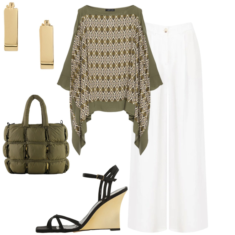 Outfit donna - Serata. Stile Chic per Serata fuori. Abbinamento con sandali col tacco, pantaloni a palazzo, bluse, borse a mano, orecchini.