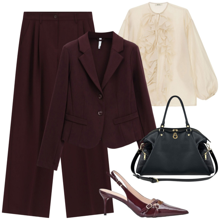 Outfit donna - Look ufficio elegante. Stile Trendy per Ufficio. Abbinamento con blazer, pantaloni a palazzo, bluse, décolleté, shopping bag.