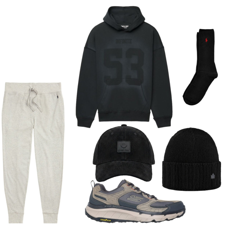 Outfit uomo - Relax time. Stile Trendy per Sport. Abbinamento con felpe con cappuccio, cappelli, cappelli con visiera, pantaloni, calzini, sneakers.
