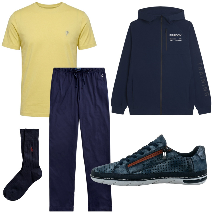 Outfit uomo - September sport. Stile Trendy per Sport. Abbinamento con t-shirt, felpe con cappuccio, calzini, pantaloni, sneakers.