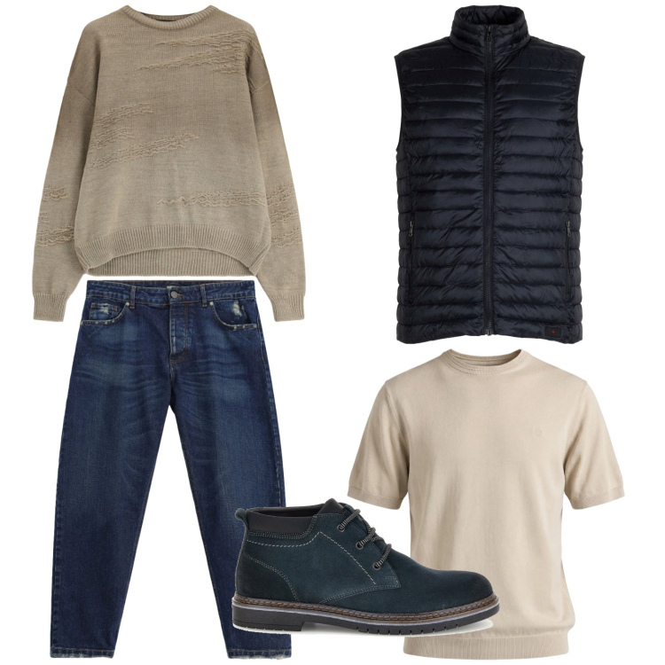 Outfit uomo - Jeans lovers. Stile Trendy per Tutti i giorni. Abbinamento con t-shirt, jeans, maglieria, piumini, stivali e stivaletti.