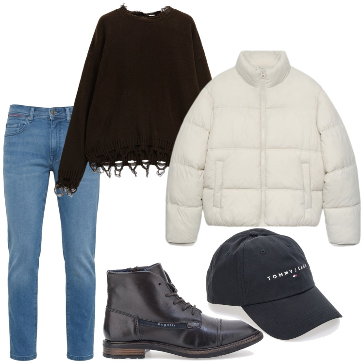 Outfit uomo - Stivaletti urban. Stile Trendy per Tutti i giorni. Abbinamento con jeans slim fit, maglieria, piumini, stivali e stivaletti, cappelli con visiera.