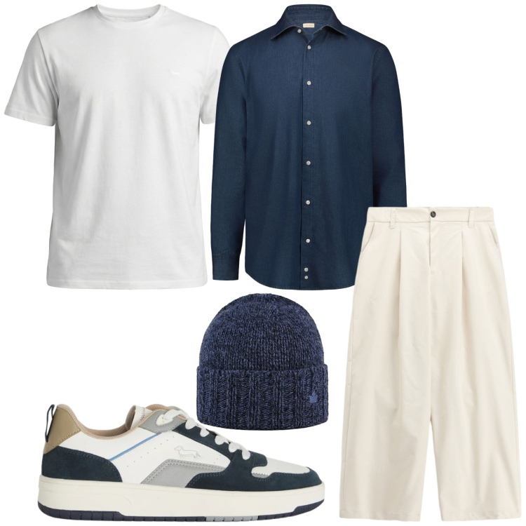 Outfit uomo - Camicia in denim e pantalone neutro. Stile Trendy per Tutti i giorni. Abbinamento con t-shirt, sneakers, pantaloni, camicie, cappelli.