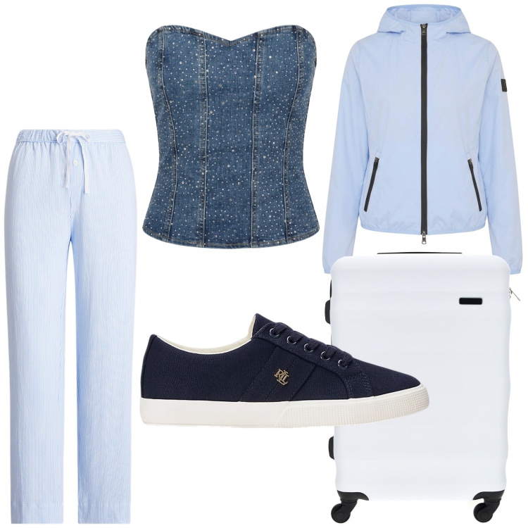 Outfit donna - Weekend estivo. Stile Glamour per Tutti i giorni. Abbinamento con blazer, top, sneakers, pantaloni, valigie.