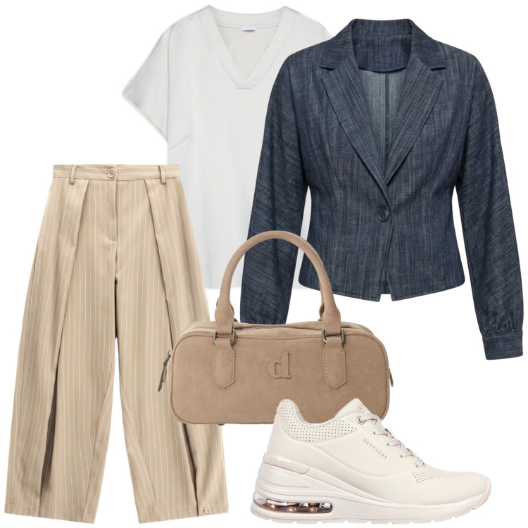 Outfit donna - Pantaloni comodi. Stile Glamour per Tutti i giorni. Abbinamento con pantaloni a palazzo, borse a mano, t-shirt, blazer, sneakers.