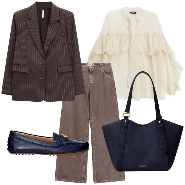 Outfit donna - Back to Office. Stile Casual per Ufficio. Abbinamento con blazer, bluse, jeans dritti, borse tote, mocassini.