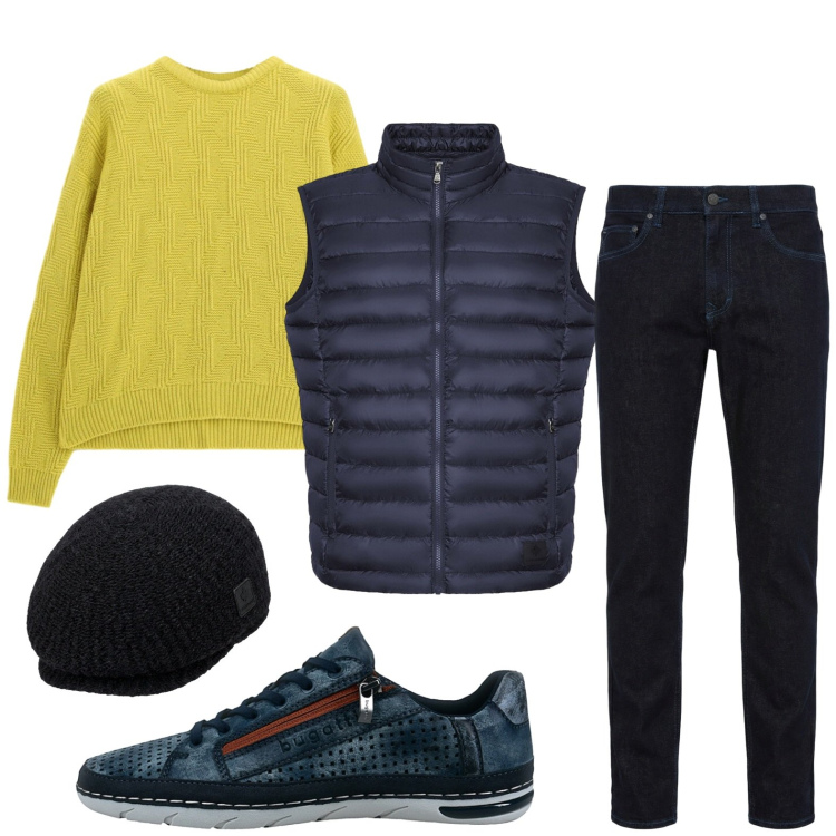Outfit uomo - Fashion victim. Stile Trendy per Tutti i giorni. Abbinamento con jeans, maglieria, piumini, cappelli e berretti, sneakers.