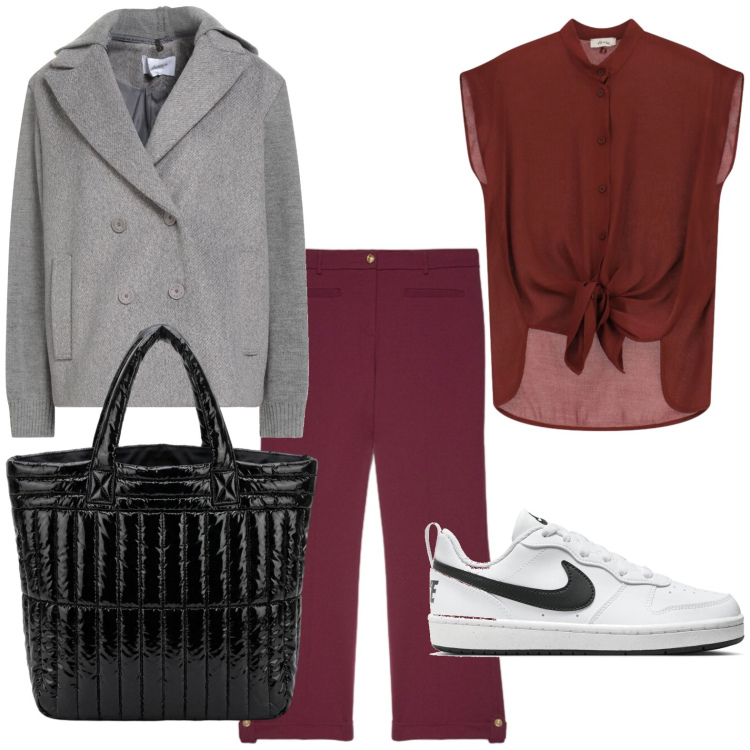 Outfit donna - Mix di tessuti. Stile Casual per Tutti i giorni. Abbinamento con caban, camicie a manica corta, pantaloni, borse a mano, sneakers.