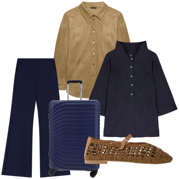 Outfit donna - Partenza glam. Stile Chic per Tutti i giorni. Abbinamento con pantaloni, ballerine, camicie, blazer, valigie.