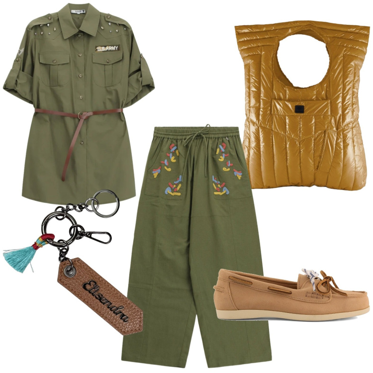 Outfit donna - Savana style. Stile Casual per Tutti i giorni. Abbinamento con camicie, pantaloni a palazzo, portachiavi, borse a mano, mocassini.