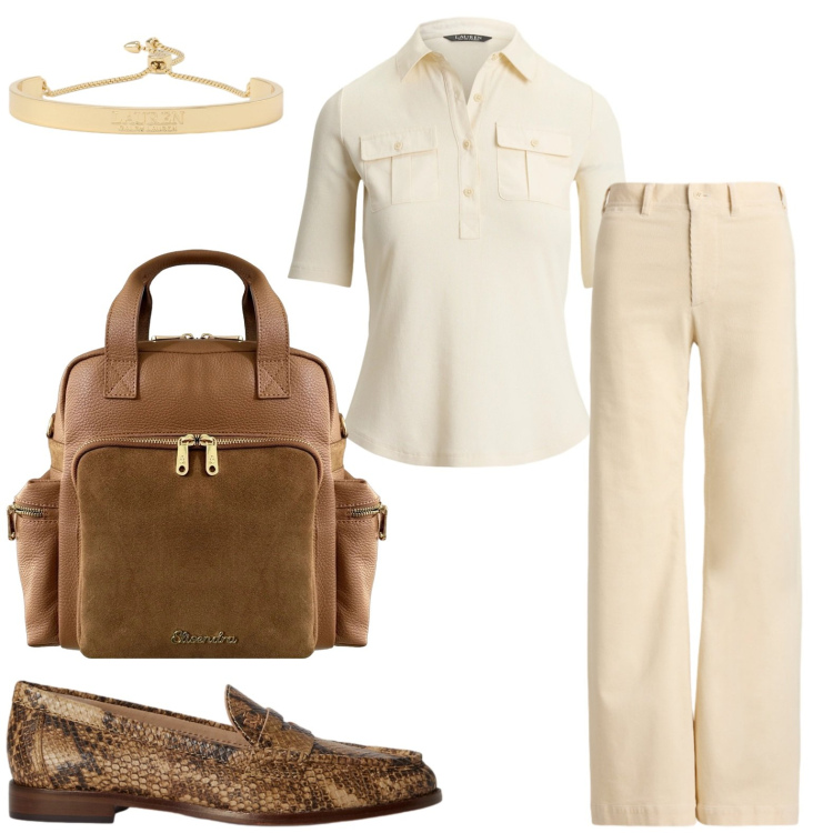 Outfit donna - Back to Office Chic. Stile Minimal per Ufficio. Abbinamento con braccialetti, mocassini, t-shirt, pantaloni, zaini.