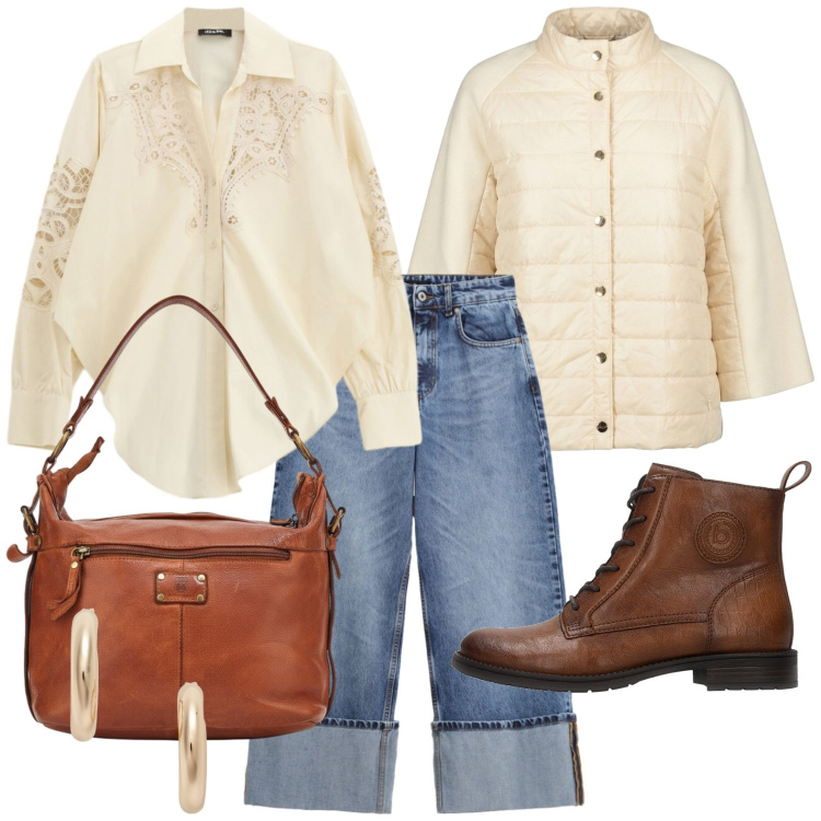 Outfit donna - Denim e colori neutri. Stile Casual per Tutti i giorni. Abbinamento con jeans, camicie, blazer, orecchini, borse a spalla, anfibi.