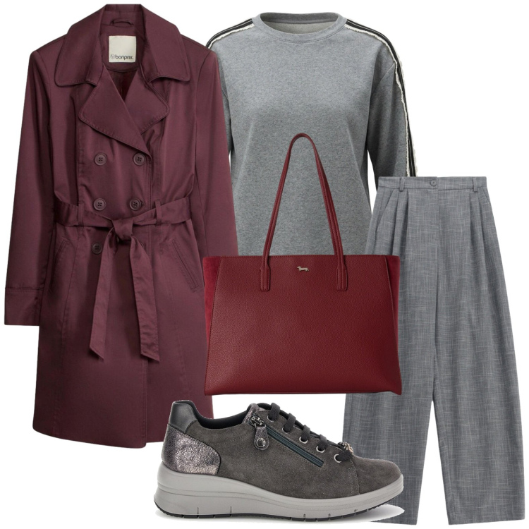 Outfit donna - Bordeaux style. Stile Basic per Tutti i giorni. Abbinamento con trench, shopping bag, pantaloni a palazzo, felpe, sneakers.