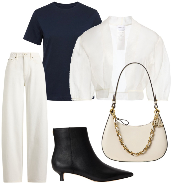 Outfit donna - Basic raffinato. Stile Basic per Tutti i giorni. Abbinamento con blazer, t-shirt, borse a spalla, stivaletti, jeans.