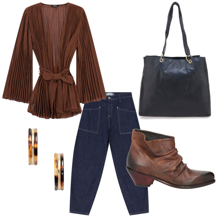 Outfit donna - Eleganza effortless. Stile Casual per Tutti i giorni. Abbinamento con stivaletti texani, jeans, kimono, orecchini, shopping bag.