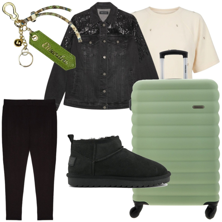 Outfit donna - Movin\' to the sun. Stile Basic per Tutti i giorni. Abbinamento con cappotti, leggings, portachiavi, t-shirt, stivali, valigie.