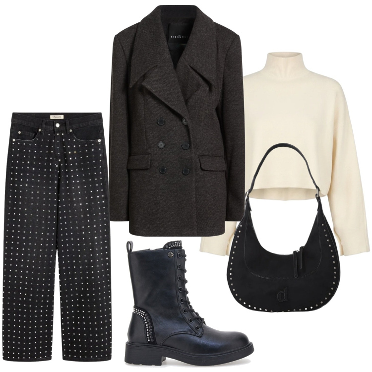 Outfit donna - Applicazioni strass. Stile Casual per Tutti i giorni. Abbinamento con cappotti, jeans, borse a spalla, maglieria, anfibi.
